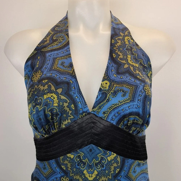 Laundry Shelli Segal 100% Silk Y2K V-neck Midi Halter Dress Blue Gold Regal 6 - Picture 3 of 13